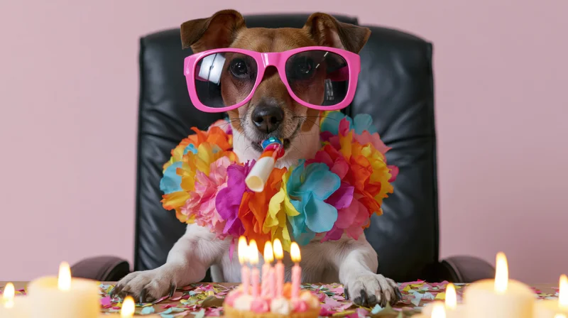 Jack russell terrier wearing pink sunglasses and a colorful lei sitting at a desk with birthday candles and cake in an office chair
