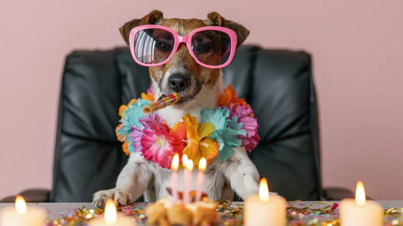 Jack russell terrier wearing pink sunglasses and floral lei sitting at desk with birthday candles and confetti