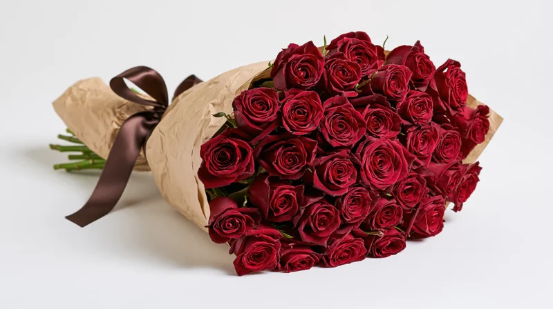 Large bouquet of deep red roses wrapped in kraft paper with brown ribbon on white background