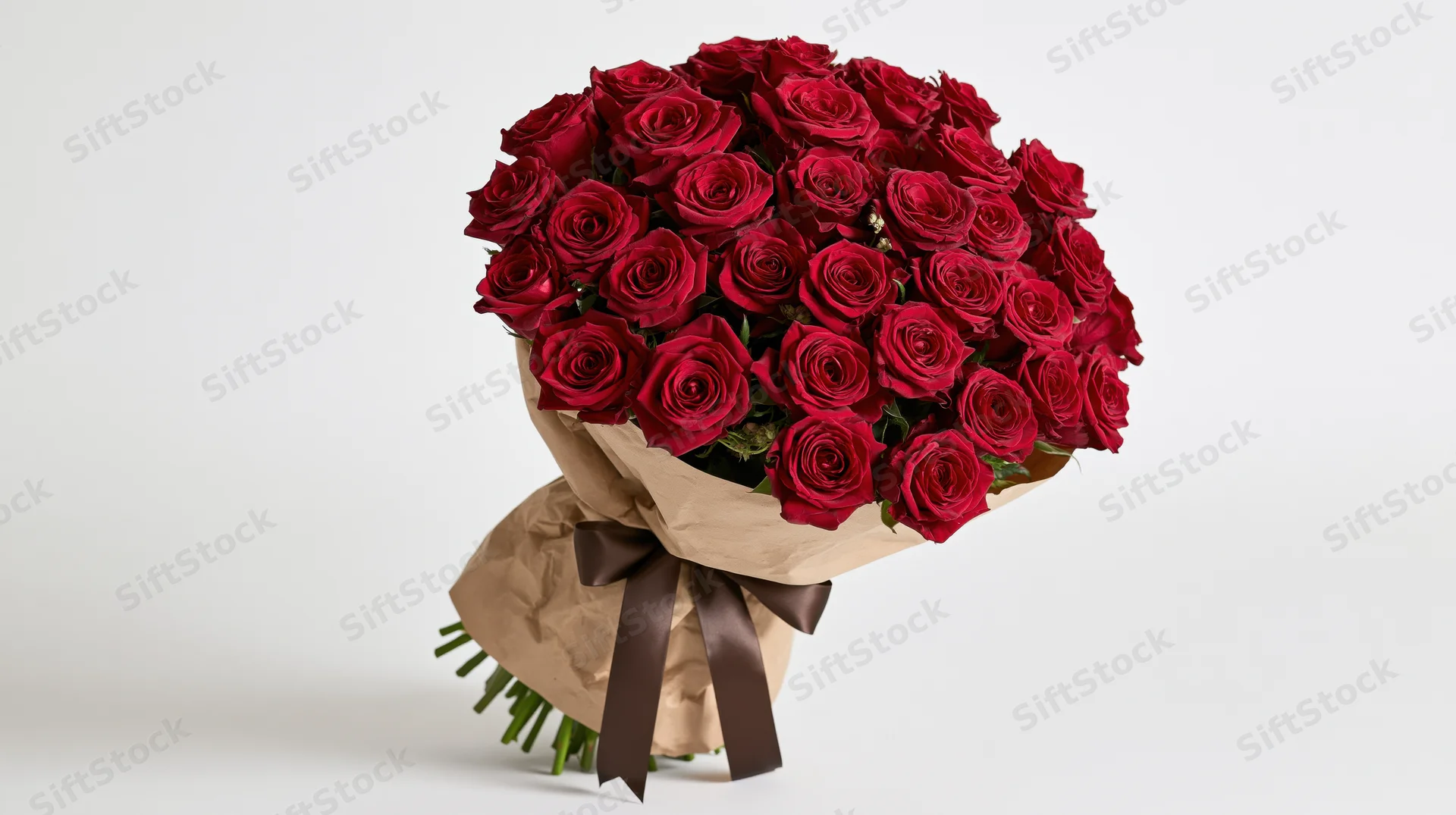 Large bouquet of deep red roses wrapped in kraft paper with brown ribbon on white background