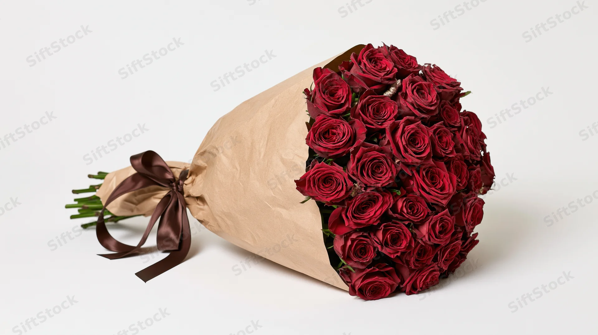 Large bouquet of deep red roses wrapped in kraft paper tied with brown ribbon on white background