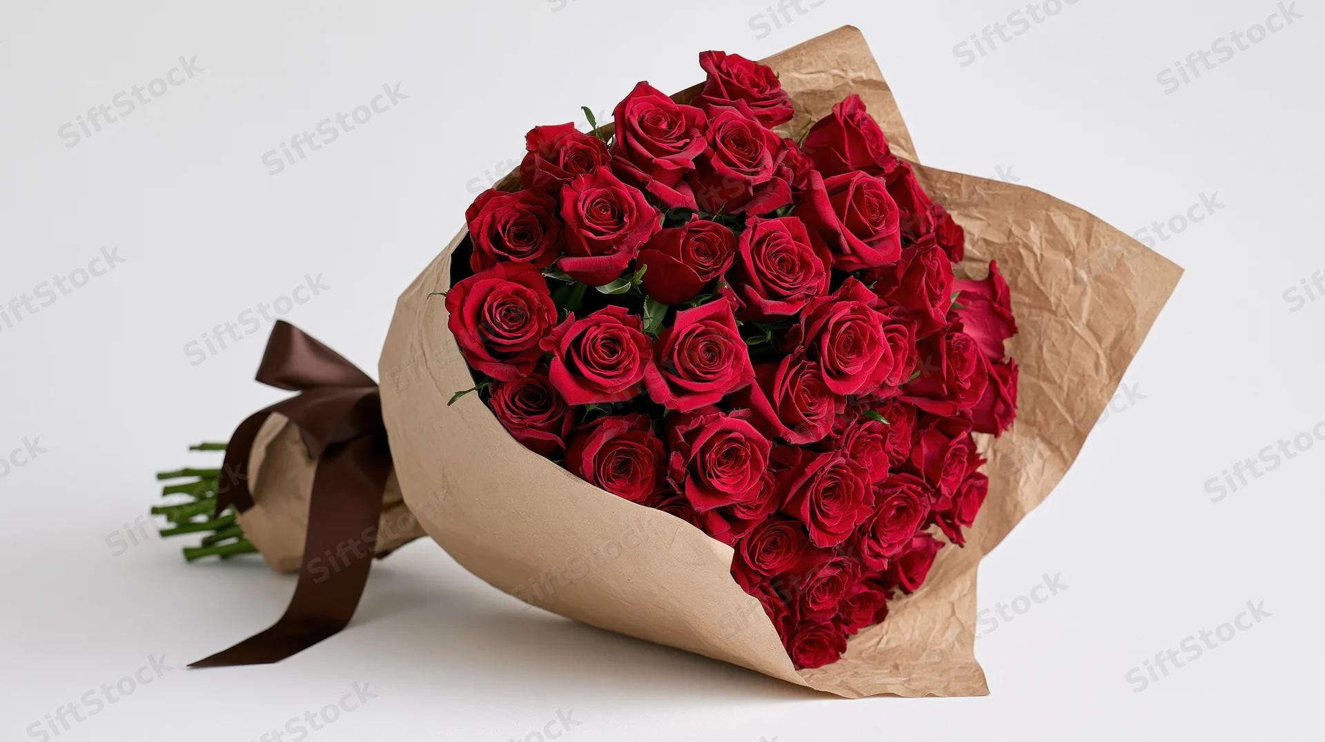 Large bouquet of deep red roses wrapped in kraft paper with brown ribbon on white background