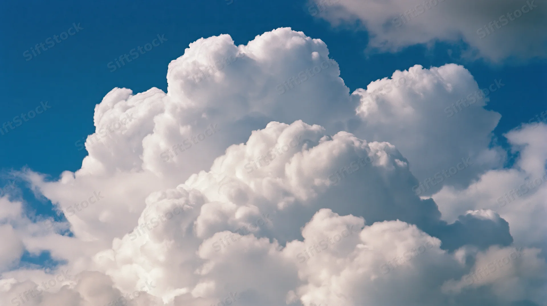 Large cumulus clouds billowing upward against a clear blue sky