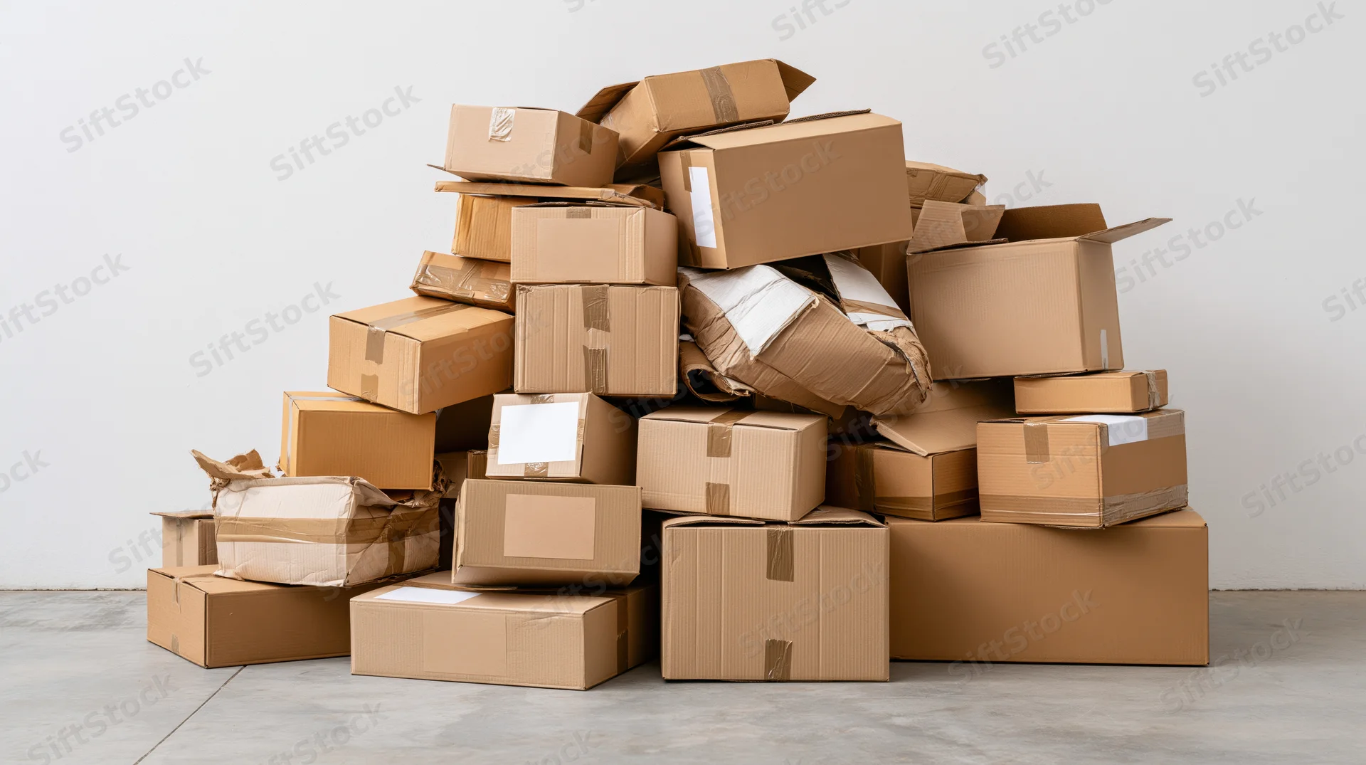 Large disorganized pile of cardboard shipping boxes stacked in a warehouse interior