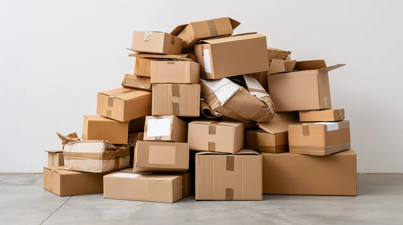 Large disorganized pile of cardboard shipping boxes stacked in a warehouse interior