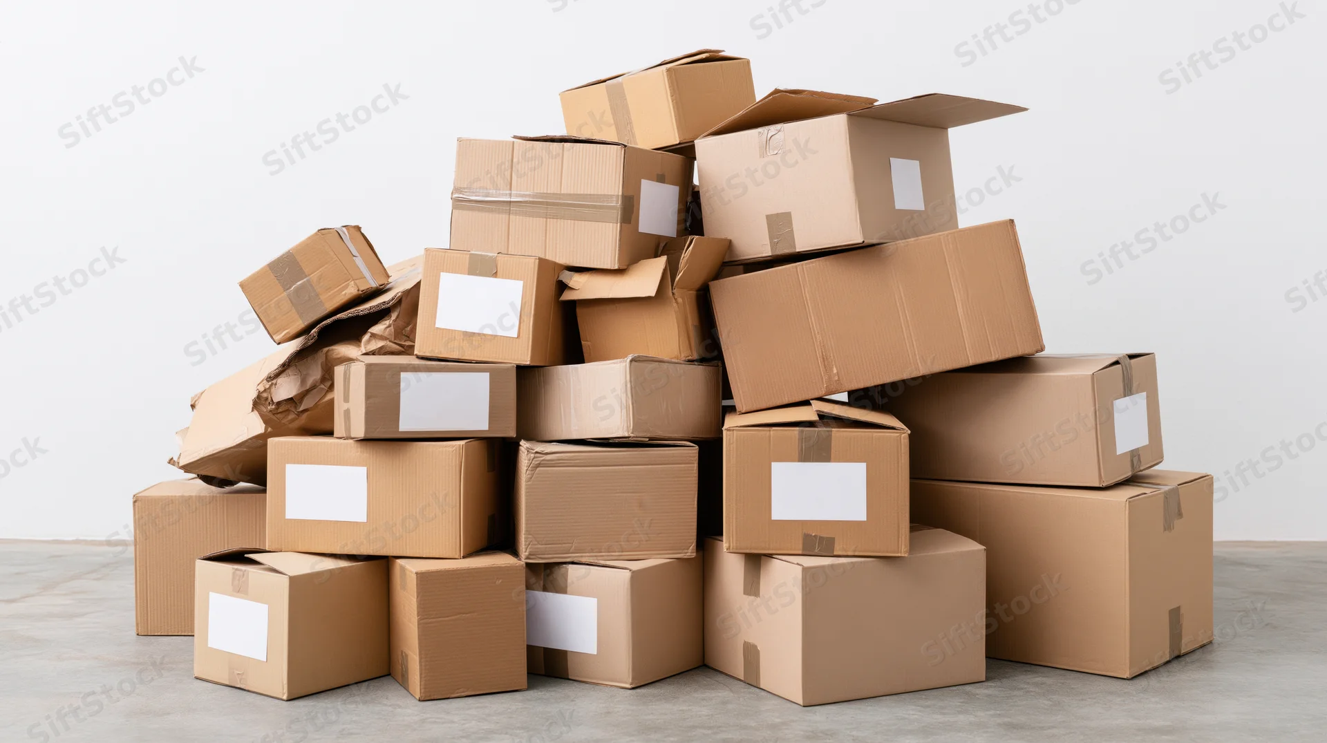 Large haphazard pile of mixed cardboard shipping boxes stacked on concrete floor against white wall