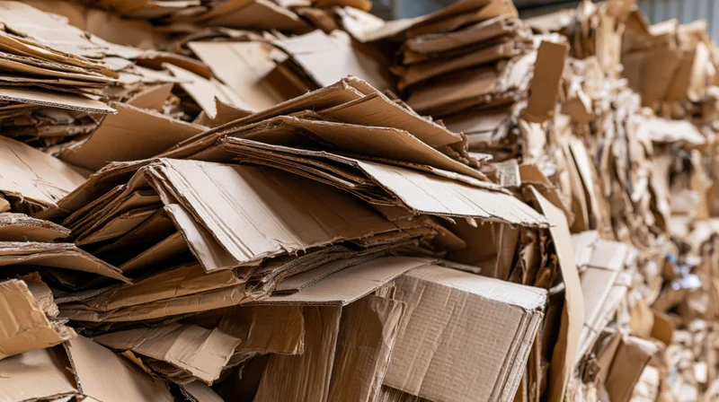 Large pile of crushed and flattened cardboard boxes stacked in a recycling facility