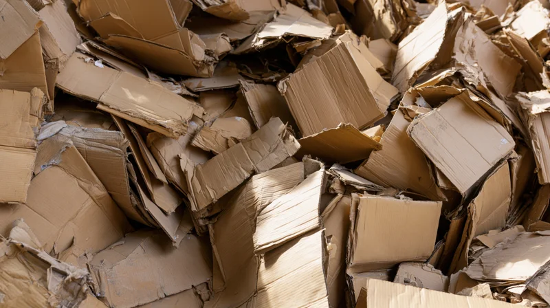 Large pile of crushed and flattened cardboard boxes stacked together in a recycling facility