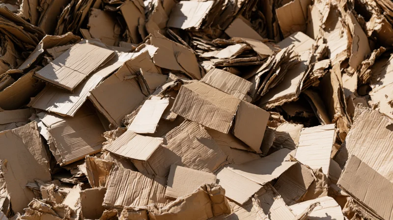 Large pile of crushed and flattened cardboard boxes stacked outdoors in sunlight