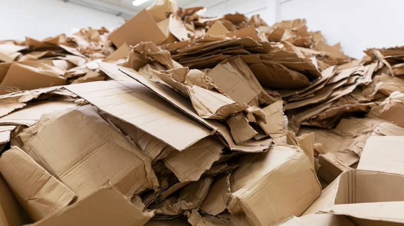 Large pile of crushed and open cardboard boxes stacked chaotically in a warehouse space