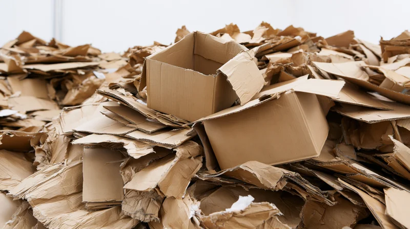 Large pile of crushed and open cardboard boxes stacked chaotically in a recycling facility