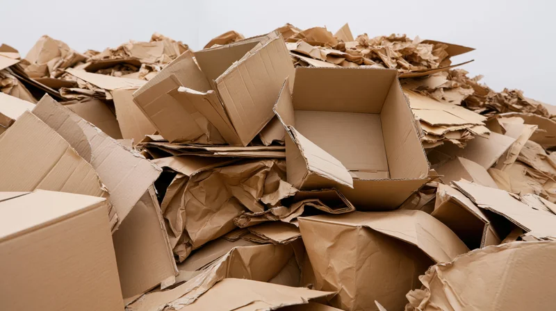Large pile of crushed and open cardboard boxes stacked chaotically