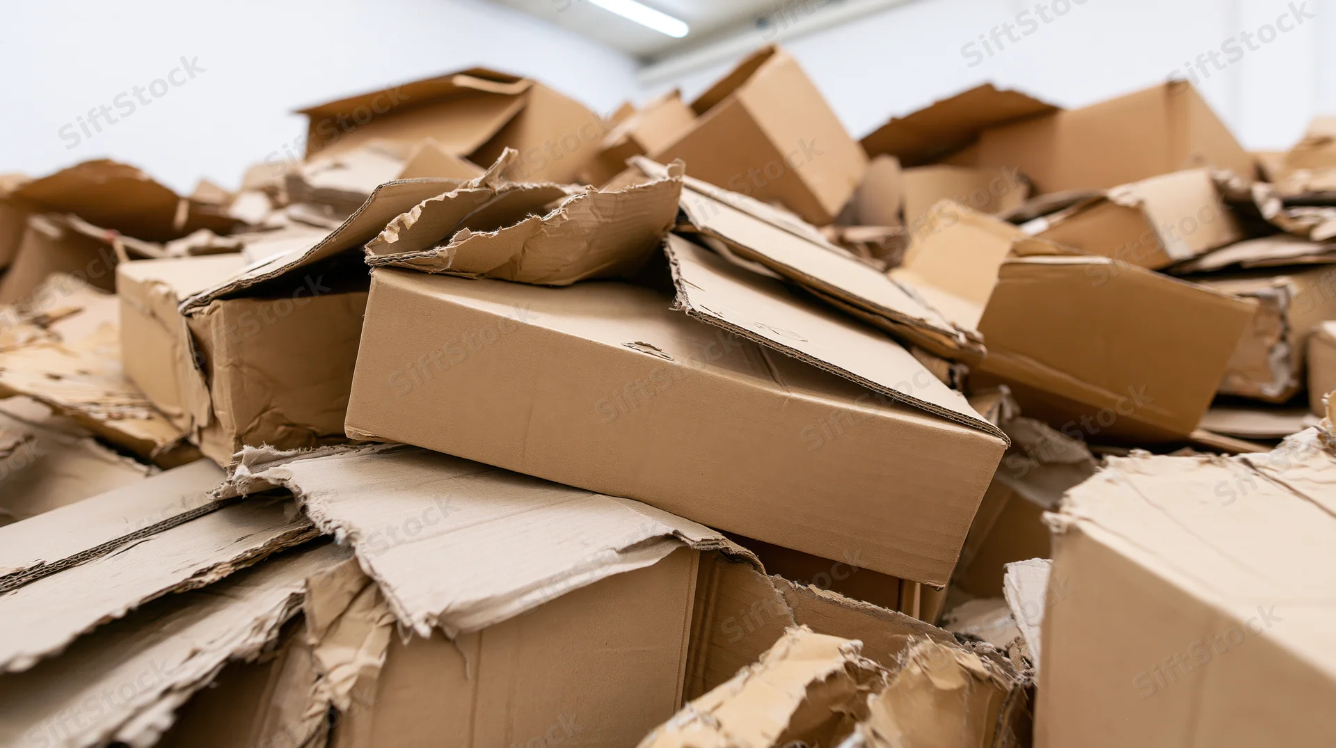 Large pile of crushed and open cardboard boxes stacked chaotically in a warehouse setting