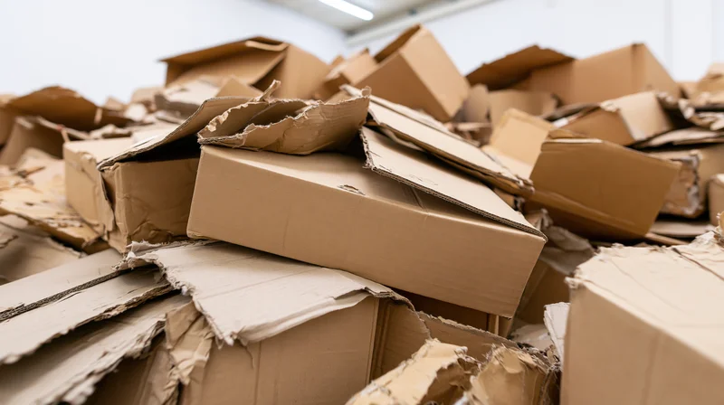 Large pile of crushed and open cardboard boxes stacked chaotically in a warehouse setting