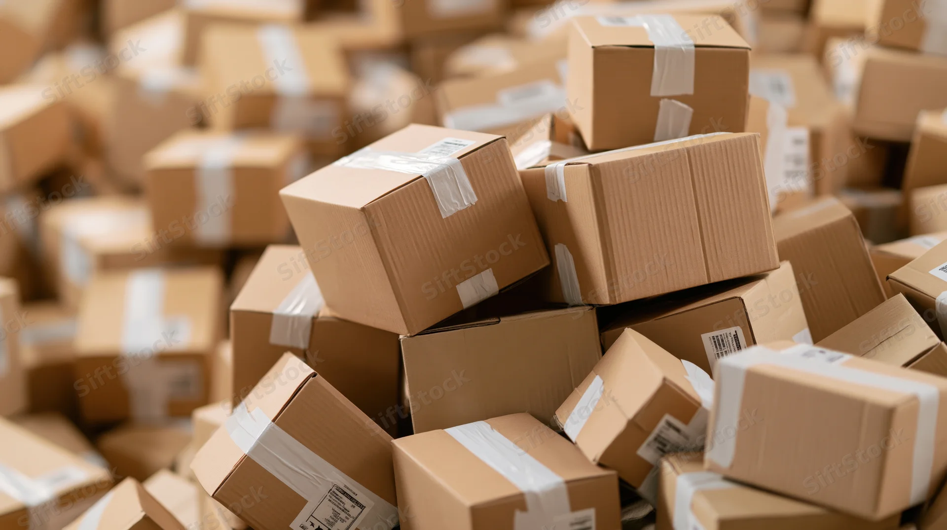 Stacked cardboard shipping boxes piled high in a warehouse storage area