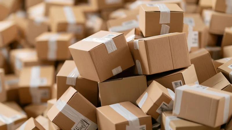 Stacked cardboard shipping boxes piled high in a warehouse storage area
