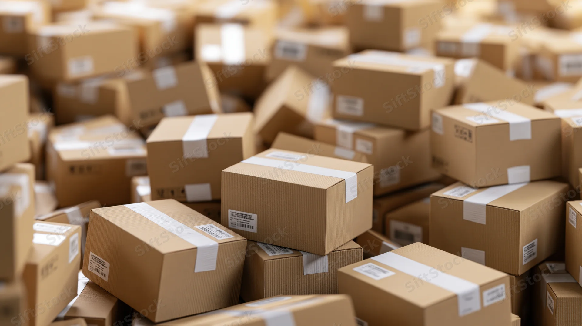 Sealed cardboard shipping boxes stacked in a warehouse pile