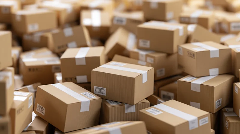 Sealed cardboard shipping boxes stacked in a warehouse pile