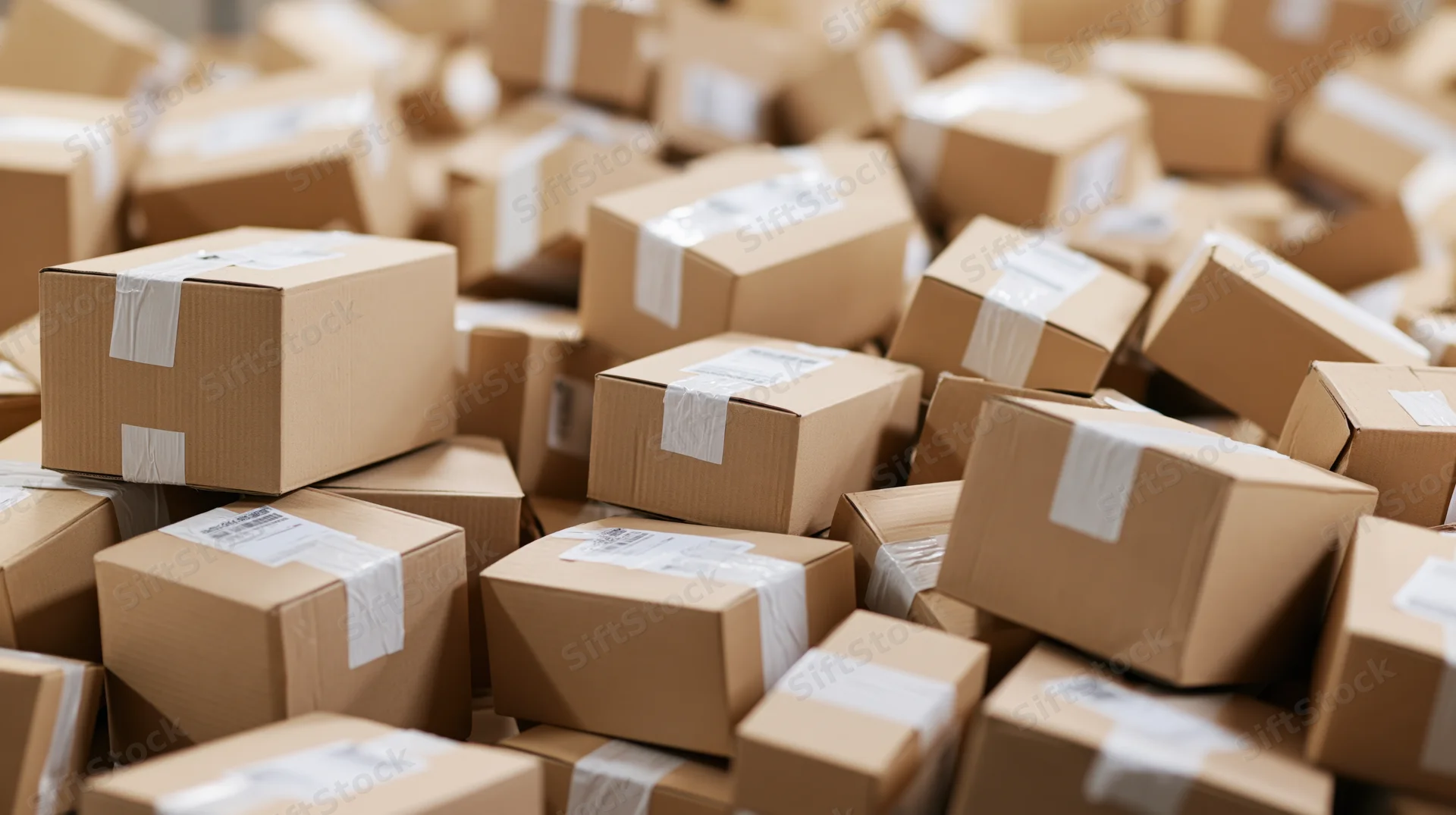 Large pile of sealed cardboard shipping boxes stacked in a warehouse