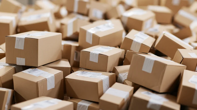 Large pile of sealed cardboard shipping boxes stacked in a warehouse