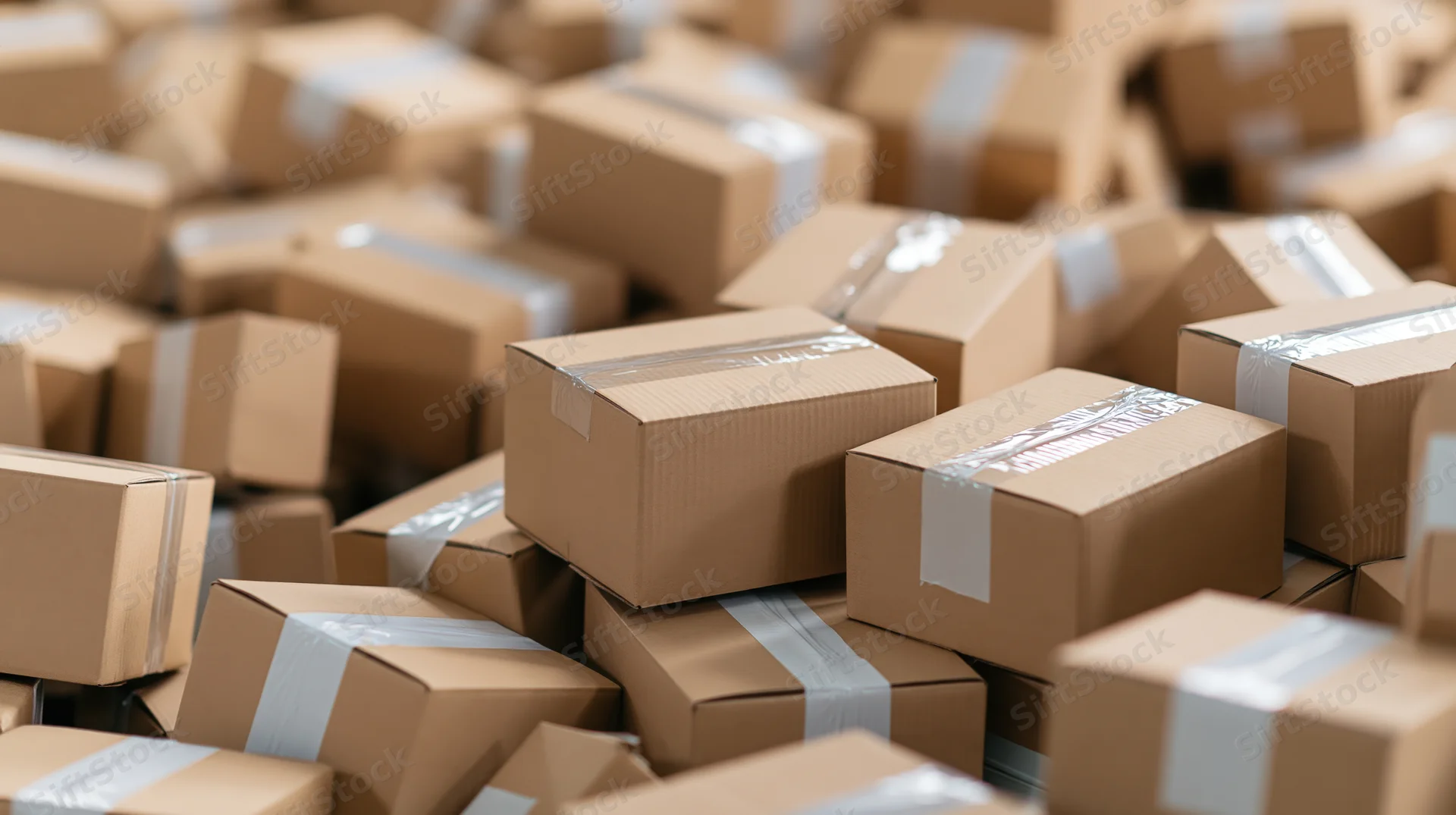 Stacked cardboard shipping boxes sealed with tape in a warehouse storage area
