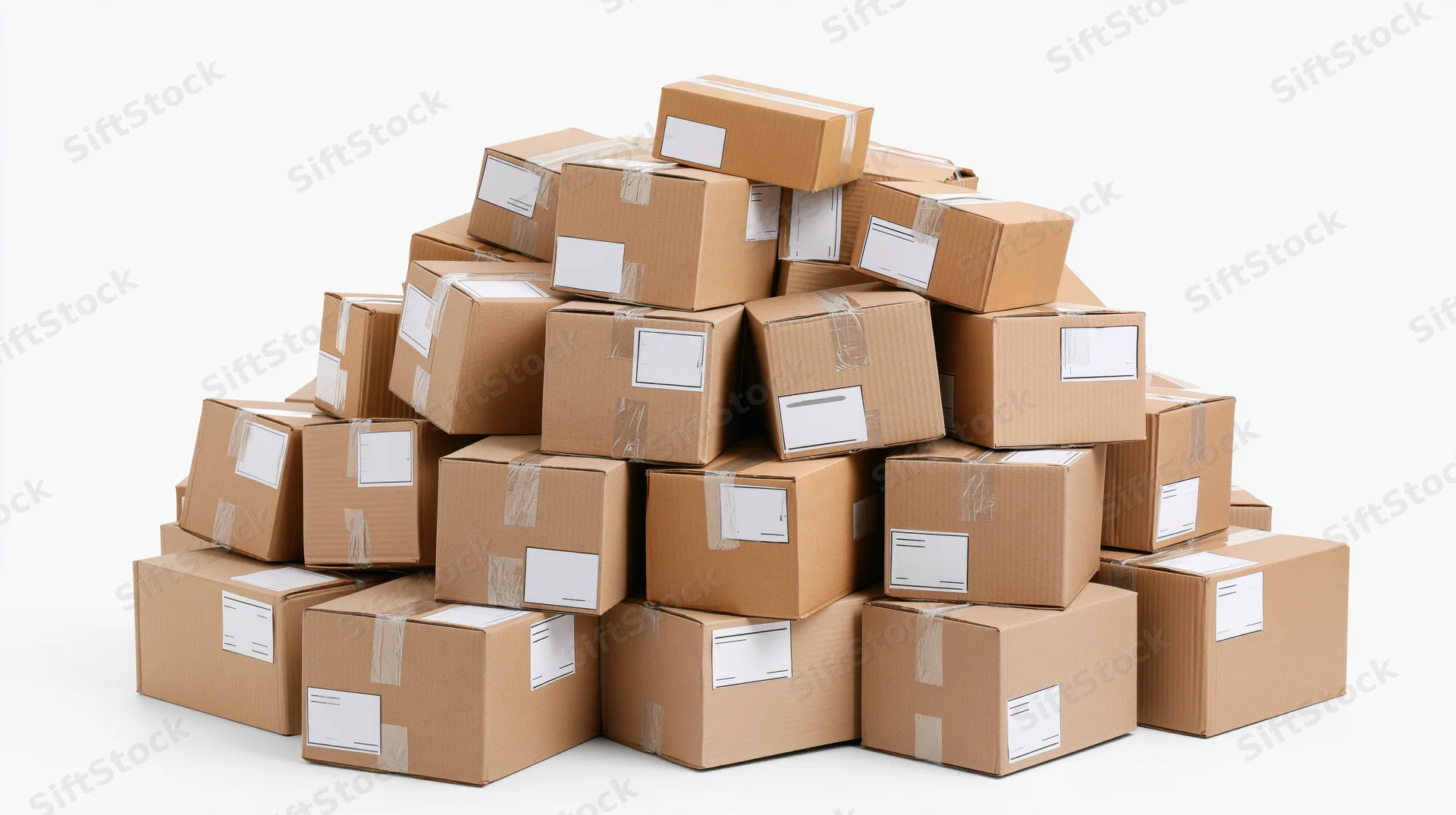 Large pile of sealed cardboard shipping boxes stacked haphazardly on white background