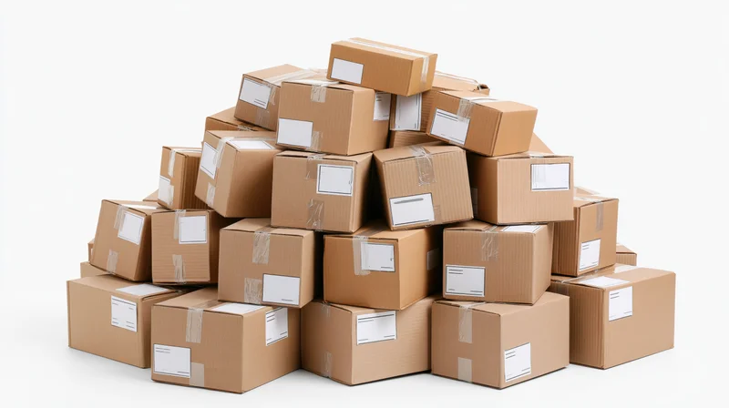 Large pile of sealed cardboard shipping boxes stacked haphazardly on white background
