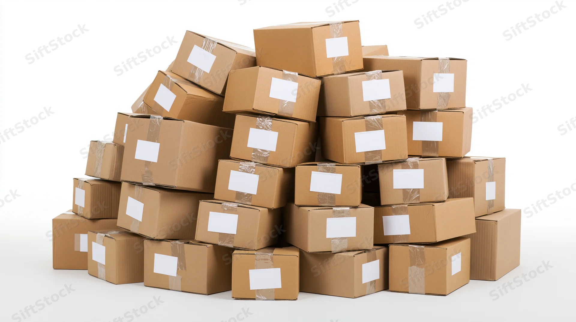 Large pile of sealed cardboard shipping boxes stacked haphazardly on white background