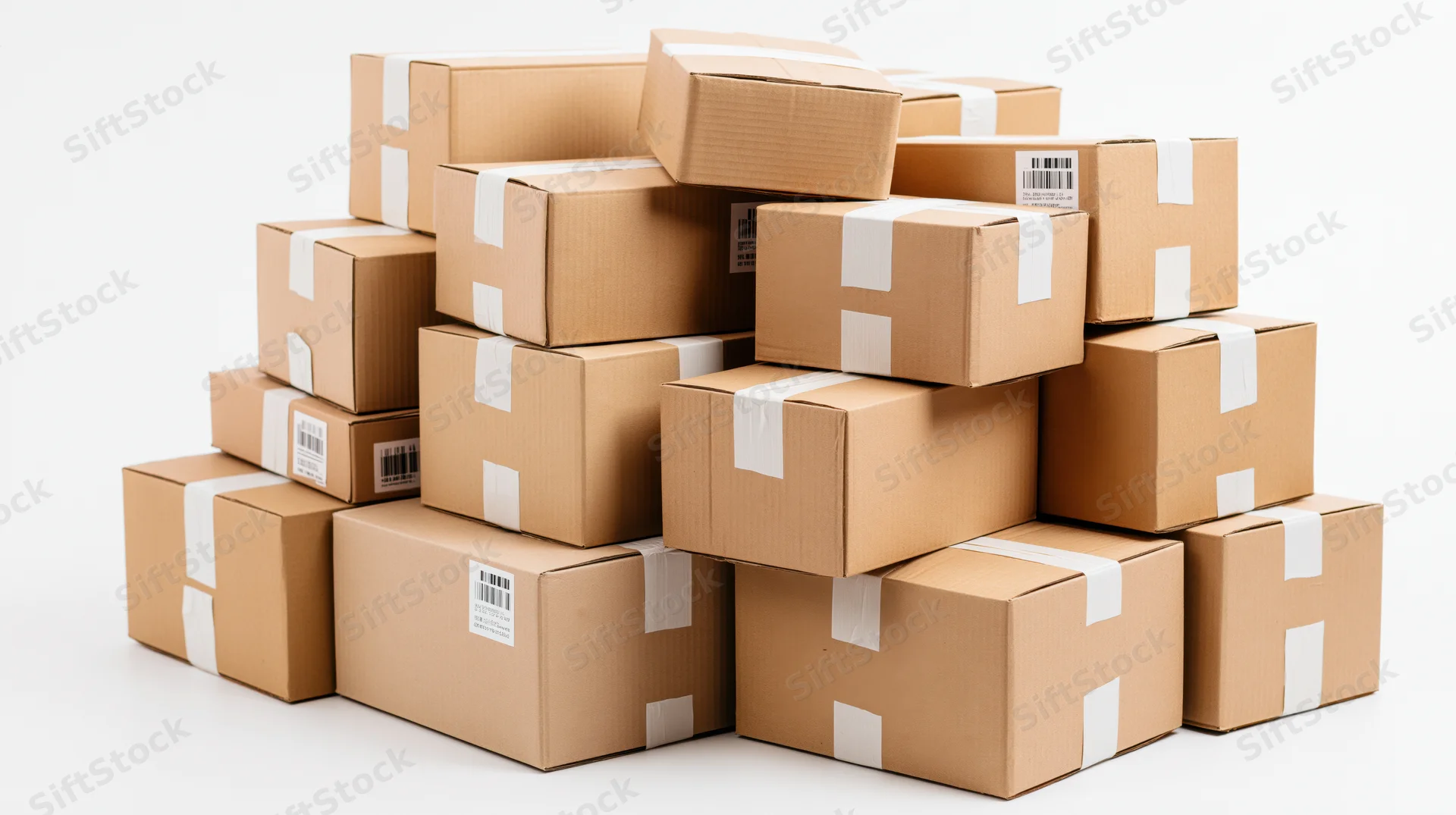 Stack of sealed cardboard shipping boxes on white background