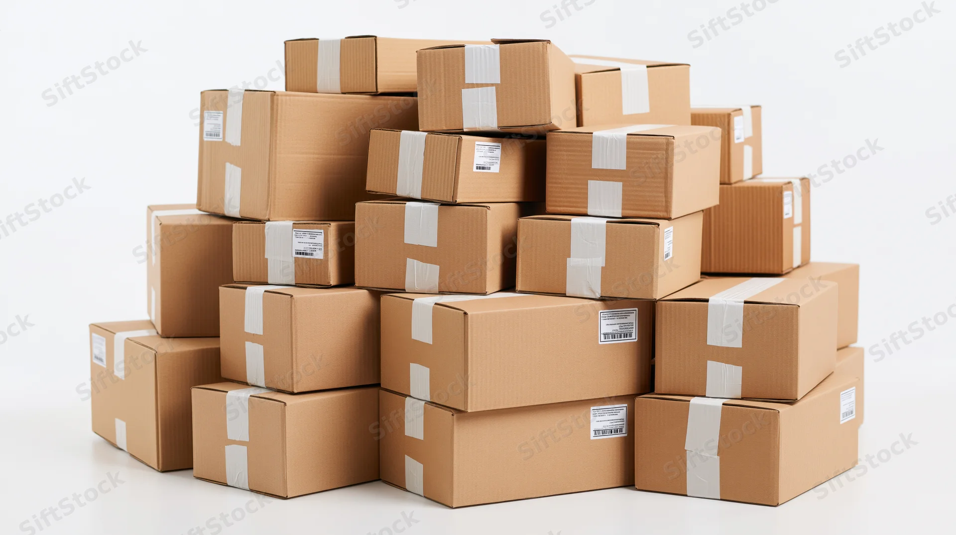 Stack of sealed cardboard shipping boxes arranged in a pile on a white surface