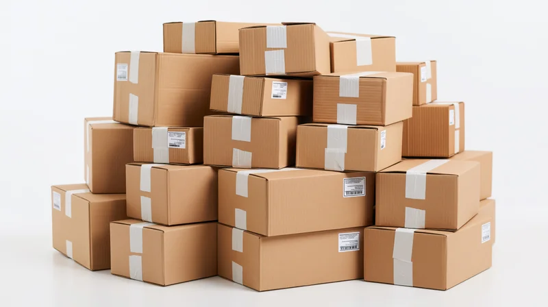 Stack of sealed cardboard shipping boxes arranged in a pile on a white surface