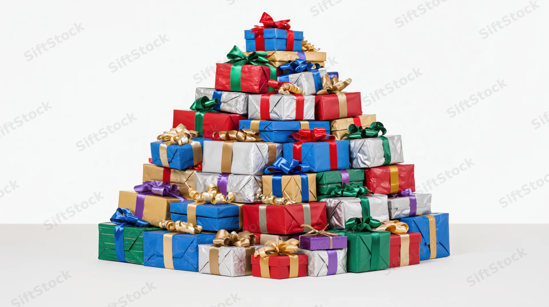 Pyramid of wrapped gift boxes stacked in festive colors on white surface