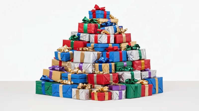 Pyramid of wrapped gift boxes stacked in festive colors on white surface