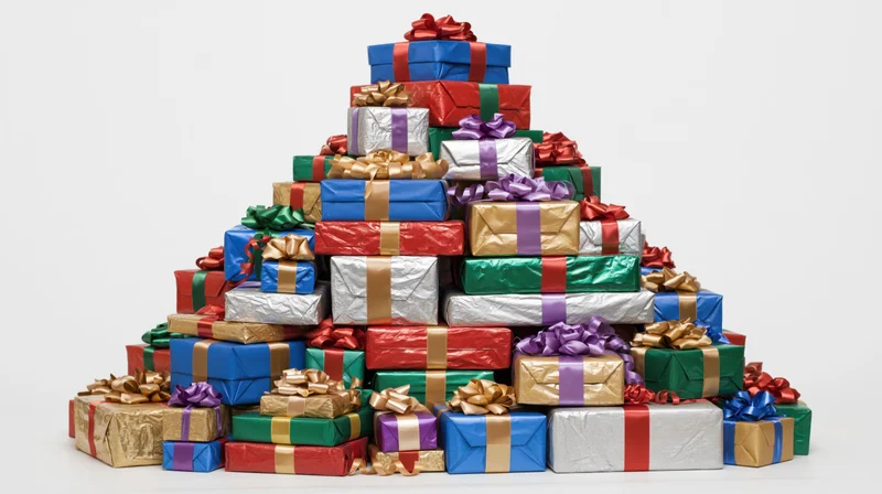 Pyramid-shaped stack of colorful wrapped gift boxes on white background