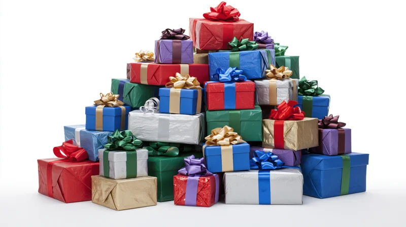 Pyramid-shaped pile of wrapped gift boxes stacked together on white background