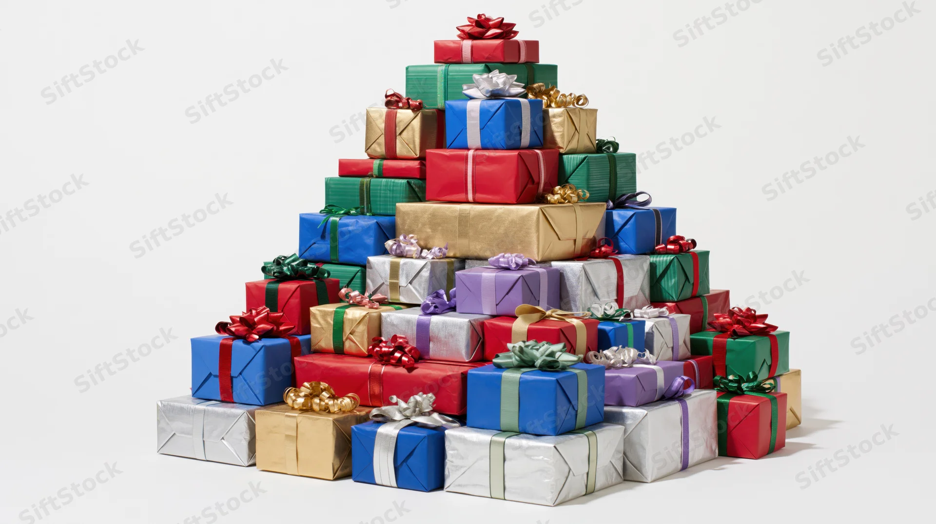 Pyramid of wrapped gift boxes stacked in festive arrangement on white background