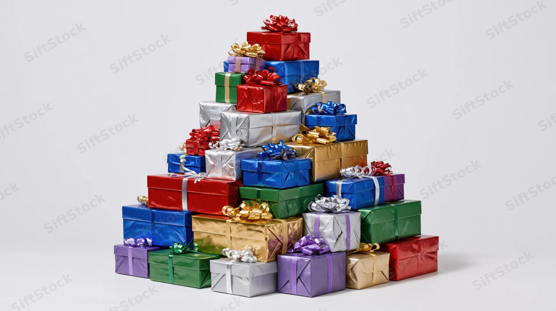 Pyramid of wrapped gift boxes stacked in festive colors on white background