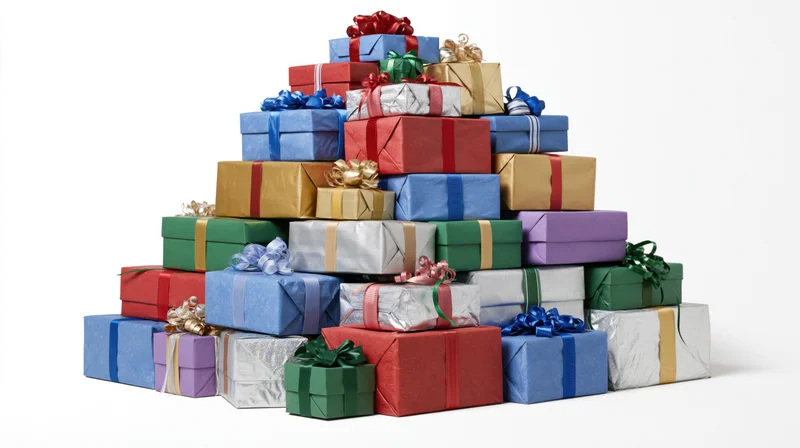 Pyramid-shaped stack of colorful wrapped gift boxes on white background