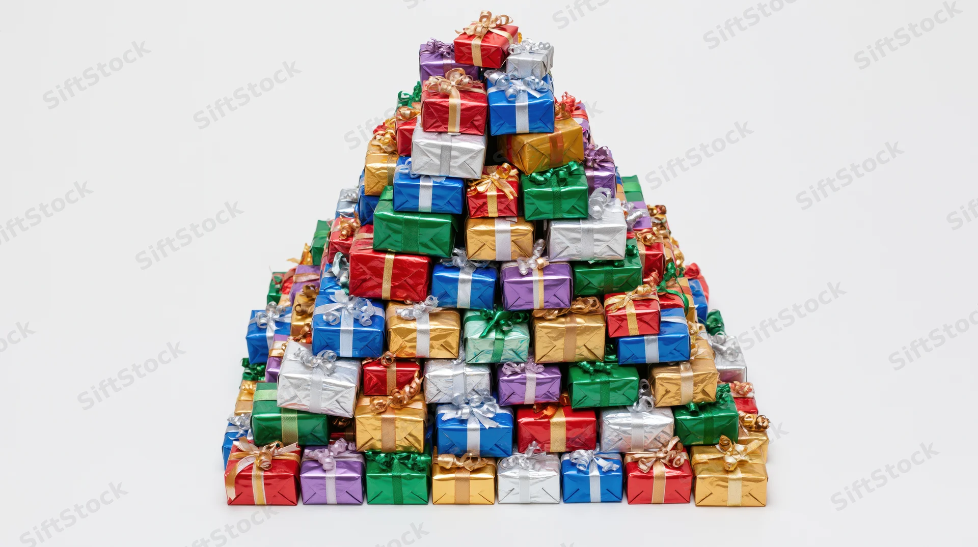 Pyramid of colorful wrapped gift boxes stacked in festive arrangement on white background