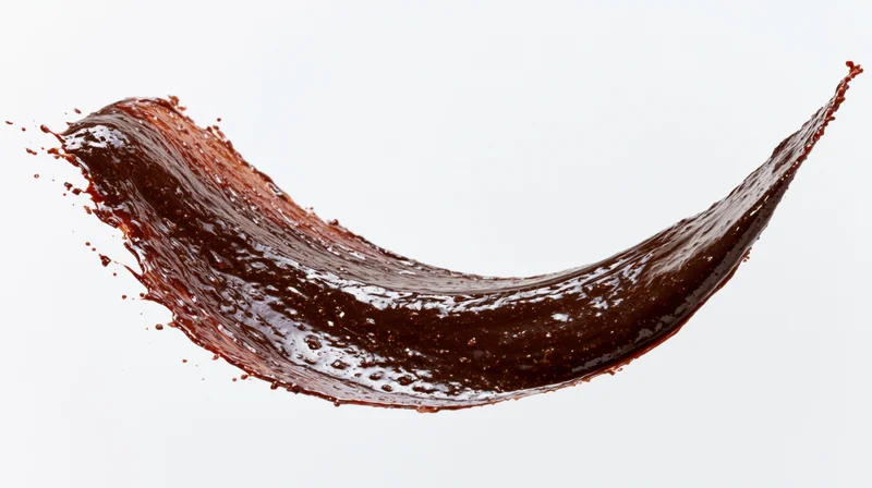 Dark chocolate liquid mid-splash frozen in motion forming a dynamic arc against white background