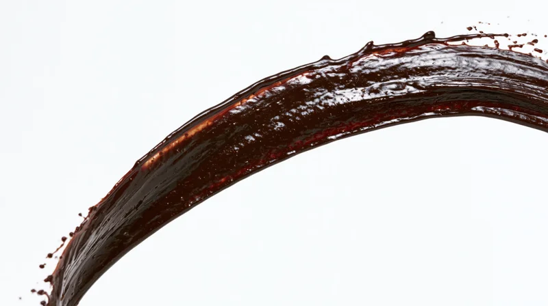 Dark chocolate liquid splashing in dynamic arc frozen in motion against white background
