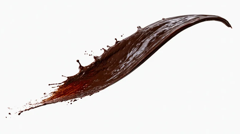 Dark chocolate liquid splashing in dynamic arc frozen in motion against white background