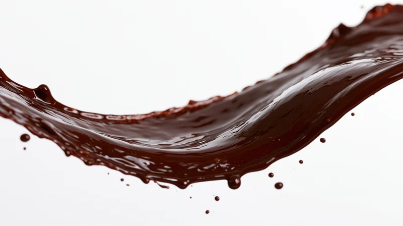 Dark chocolate liquid splashing in mid-air against white background