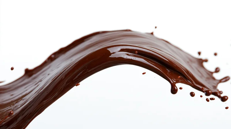 Dark chocolate liquid splashing in mid-air forming an arc against white background