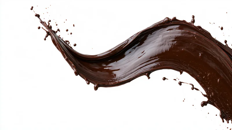 Dark chocolate liquid splash frozen in motion forming a curved wave against white background