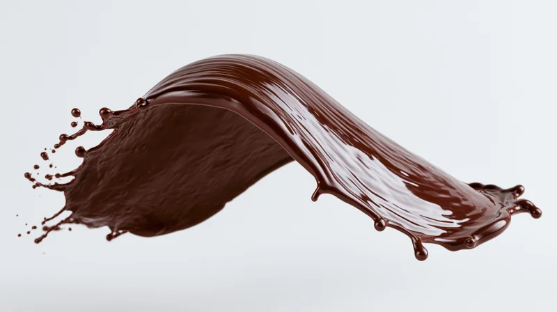 Dark chocolate liquid splashing in mid-air frozen in motion against white background