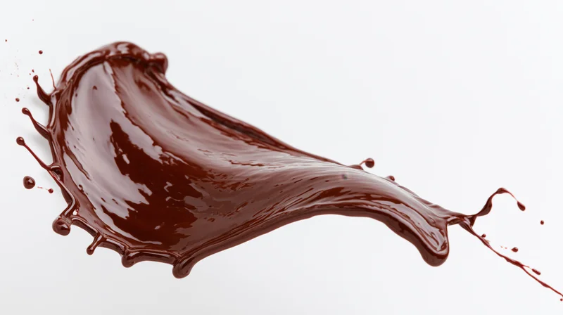 Dark chocolate liquid splash frozen in motion against white background