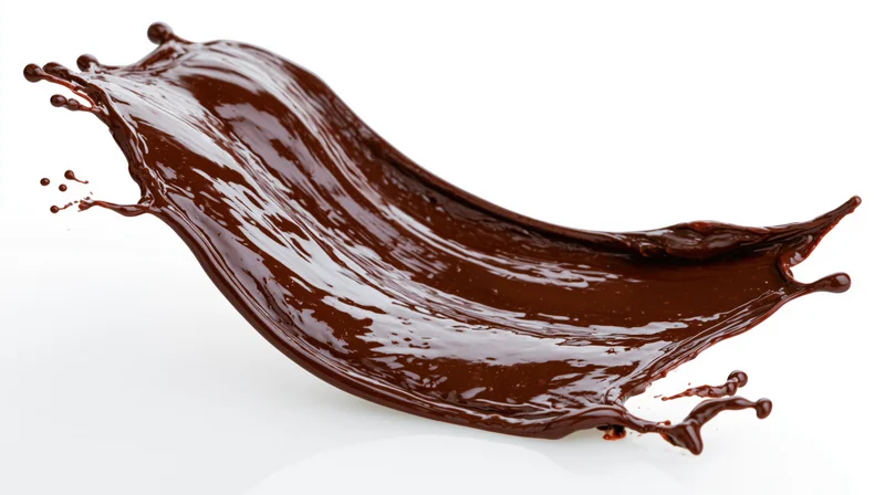 Dark chocolate liquid splash frozen in motion on white background