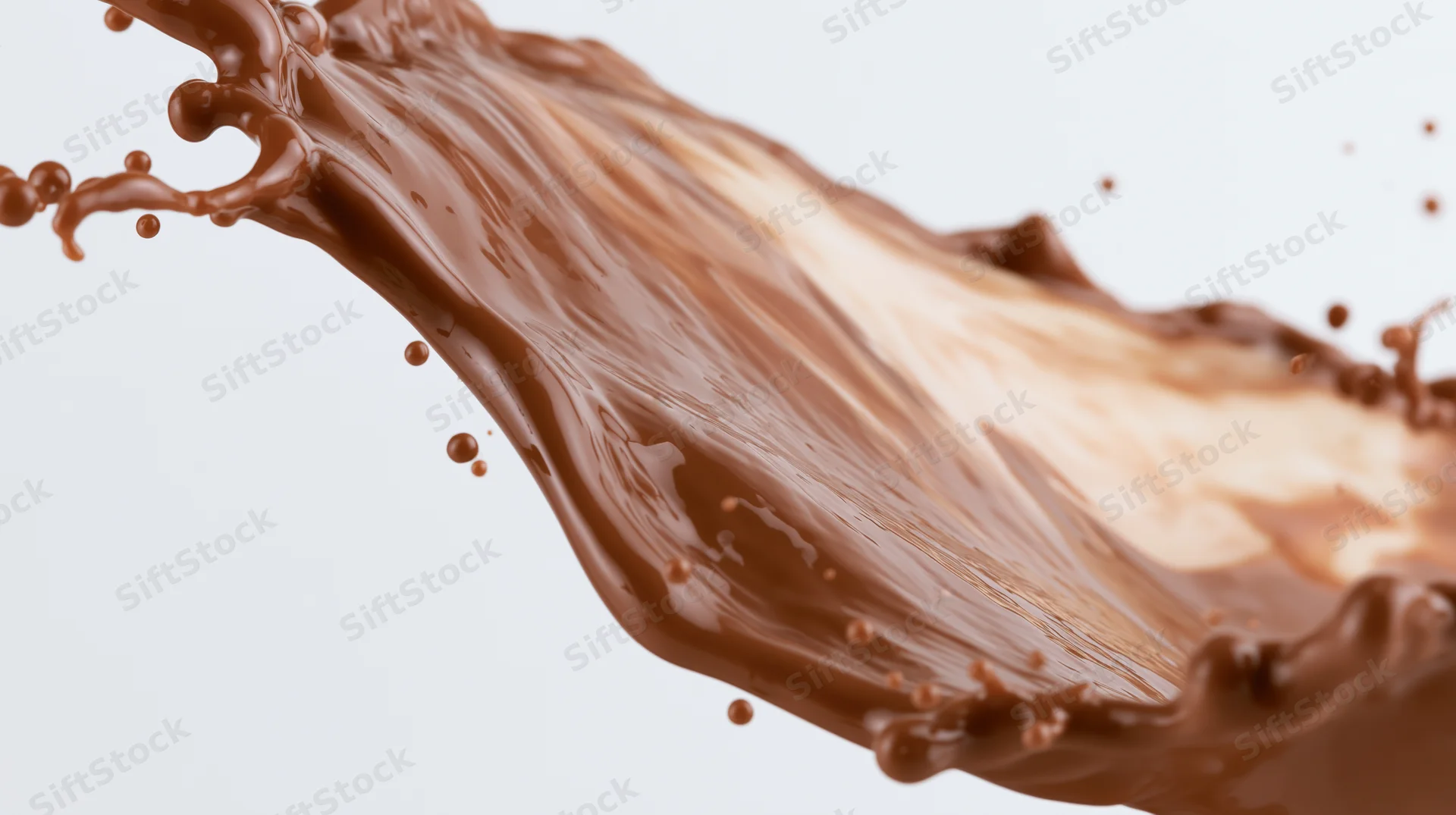 Liquid milk chocolate mid-splash frozen in motion against white background