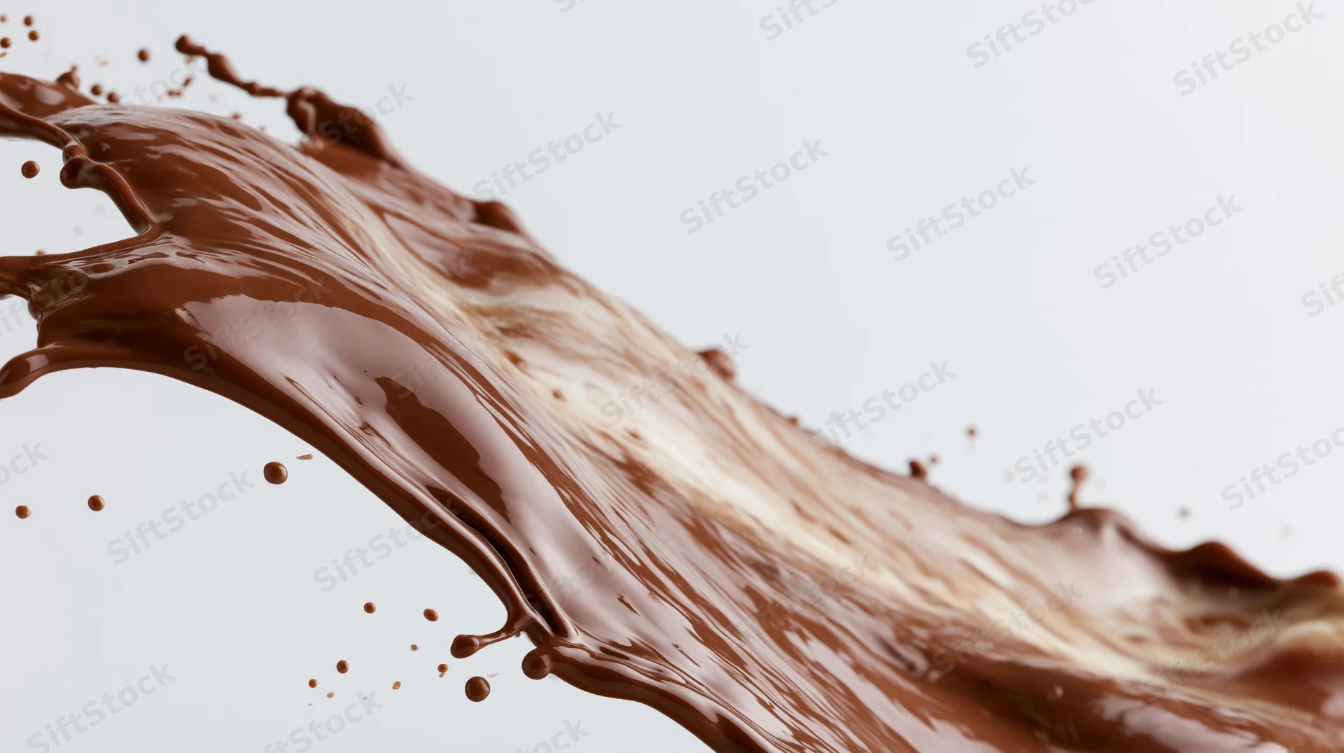 Liquid milk chocolate mid-splash frozen in motion against white background